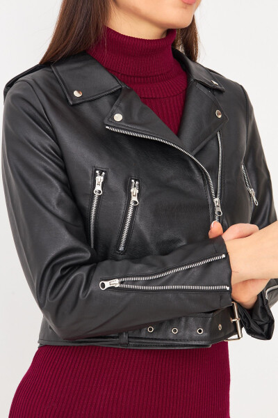 Women's Black Faux Leather Jacket - 3