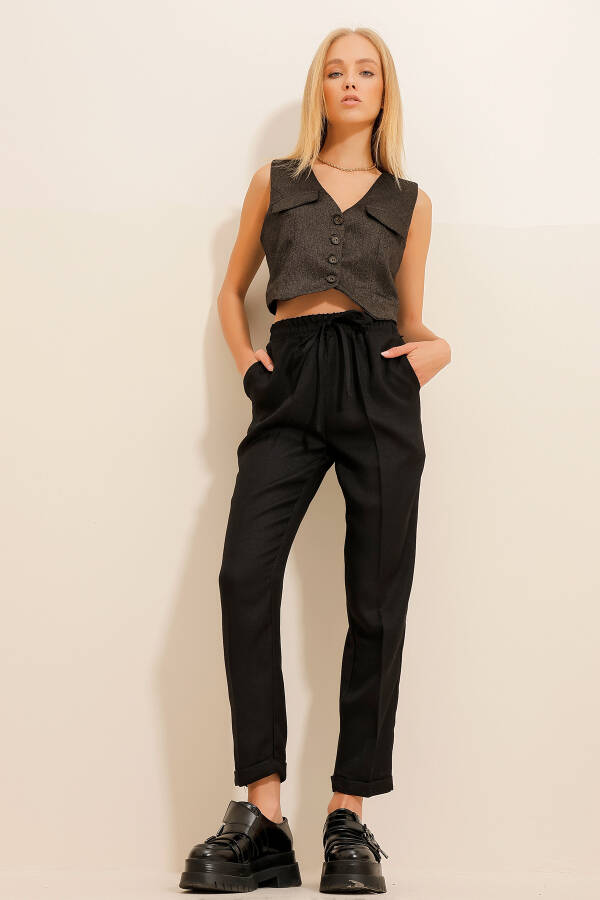 Women's Black Fishbone Pattern Elastic Waist Double Leg Trousers ALC-X11065 - 1