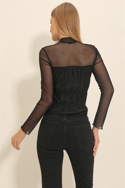 Women's Black Fisherman Neck Tulle Detail Blouse ALC-X11308 - 4