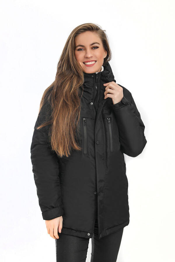 Women's Black Fleece Lined Waterproof Windproof Hooded Winter Coat & Jacket & Parka - 2