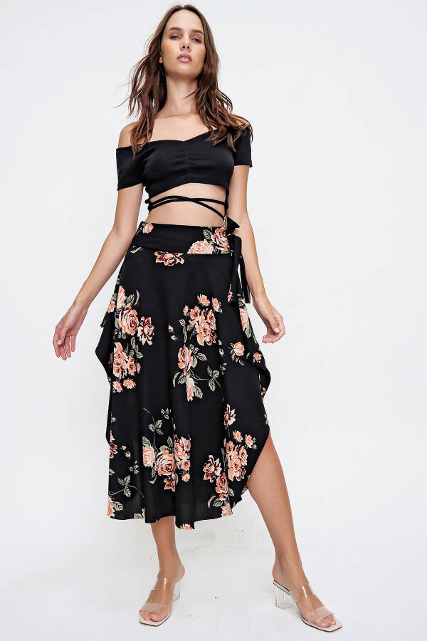 Women's Black Floral Asymmetrical Cut Patterned Viscon Skirt ALC-X6439 - 1