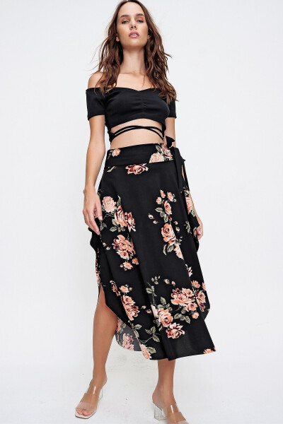 Women's Black Floral Asymmetrical Cut Patterned Viscon Skirt ALC-X6439 - 2