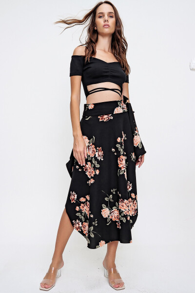 Women's Black Floral Asymmetrical Cut Patterned Viscon Skirt ALC-X6439 - 3