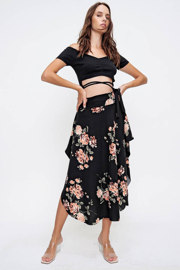 Women's Black Floral Asymmetrical Cut Patterned Viscon Skirt ALC-X6439 - 4