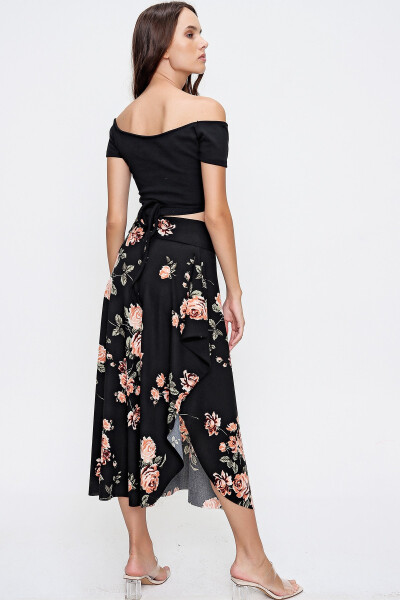 Women's Black Floral Asymmetrical Cut Patterned Viscon Skirt ALC-X6439 - 5