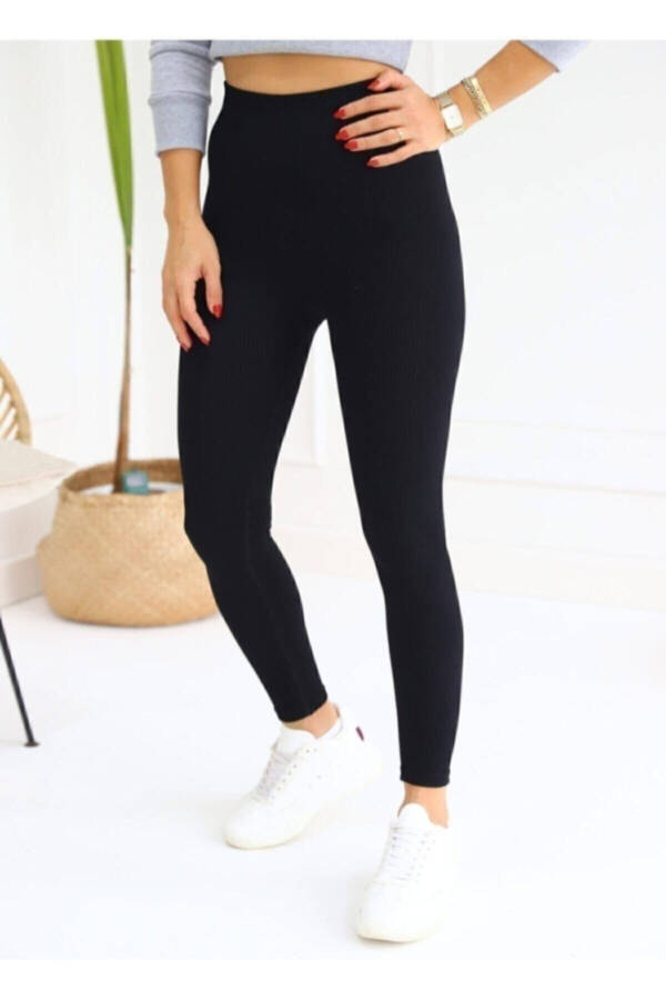 Women's Black High Waisted Ribbed Leggings - 6