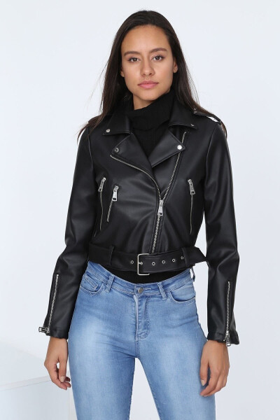 Women's Black Leather Jacket with Belt E2023 - 13