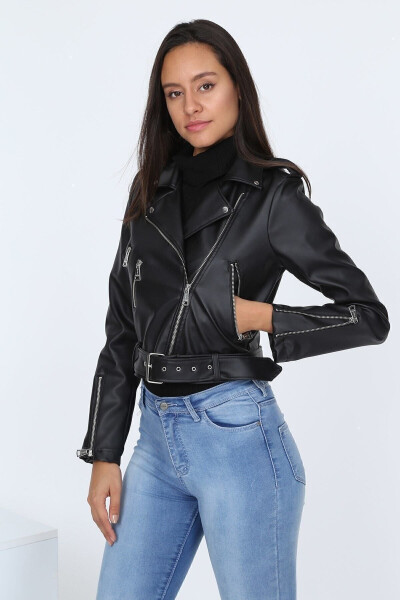 Women's Black Leather Jacket with Belt E2023 - 14