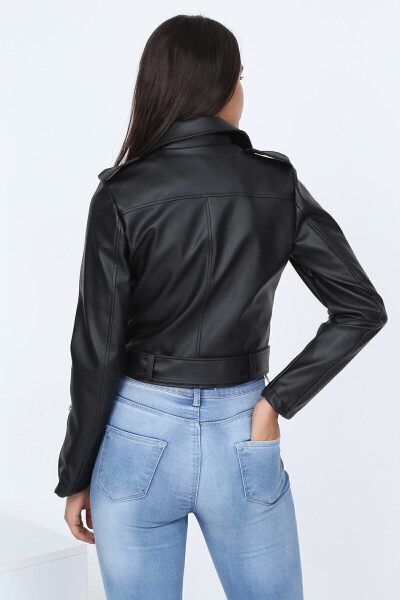 Women's Black Leather Jacket with Belt E2023 - 16