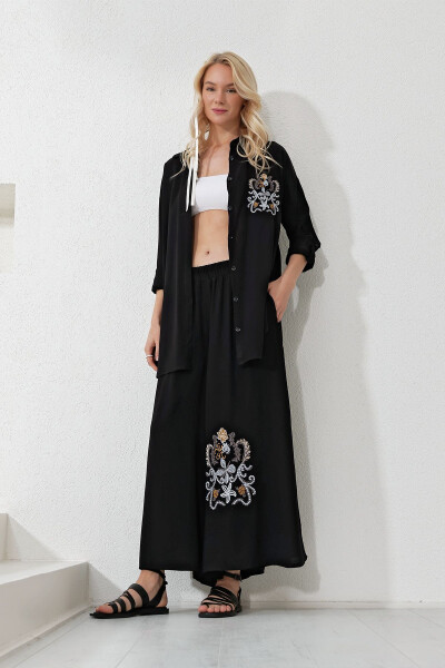 Women's Black Long Shirt and Loose Pants Set with Embroidery on the Back and Front ALC-X11915 - 3