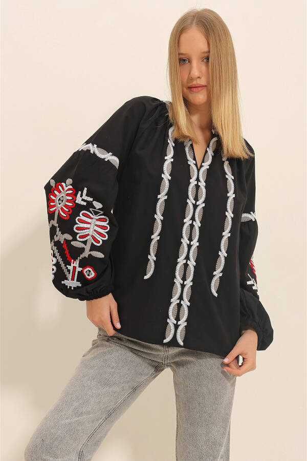 Women's Black Mandarin Collar Embroidered Woven Blouse ALC-X11295 - 2