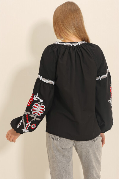 Women's Black Mandarin Collar Embroidered Woven Blouse ALC-X11295 - 5