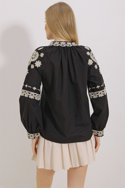 Women's Black Mandarin Collar Embroidered Woven Blouse ALC-X11447 - 6