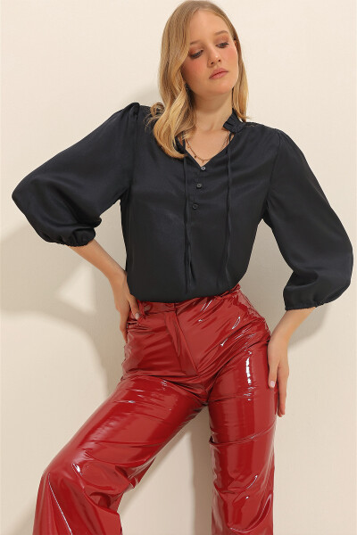 Women's Black Mandarin Collar Shoulder Padded Puff Sleeve Button Detail Satin Blouse ALC-X11337 - 1