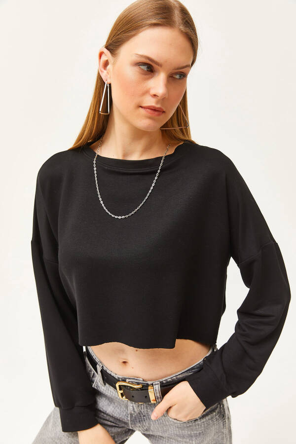 Women's Black Modal Brushed Soft Textured Batwing Crop T-Shirt TSH-19000776 - 2