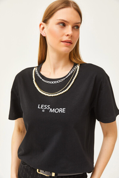 Women's Black Necklace Detail Relaxed Fit T-Shirt TSH-19000778 - 1