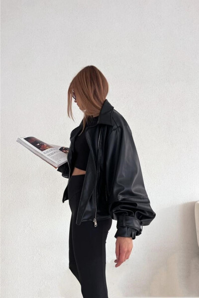 Women's Black Oversized Leather Jacket - 6