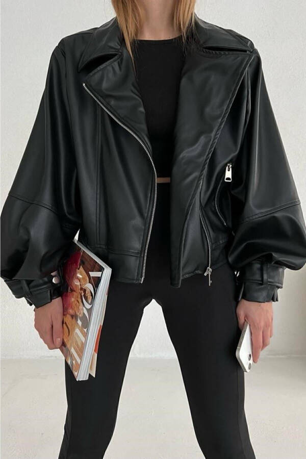 Women's Black Oversized Leather Jacket - 2