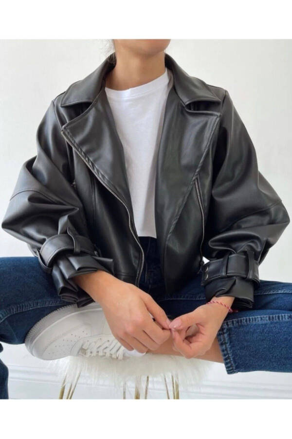 Women's Black Oversized Leather Jacket - 1