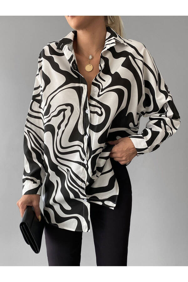 Women's Black Patterned Oversized Long Basic Shirt Arm-22Y001148 - 8