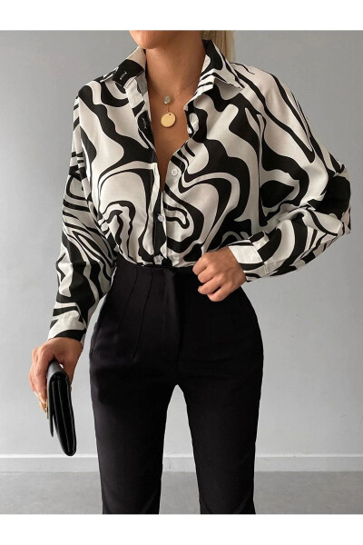 Women's Black Patterned Oversized Long Basic Shirt Arm-22Y001148 - 1