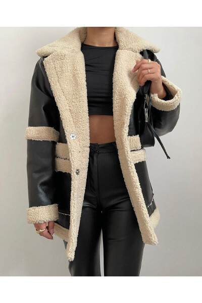 Women's Black Plush Fur Detail Jacket - 2