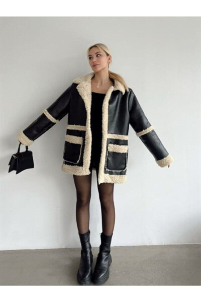 Women's Black Plush Fur Detail Jacket - 4