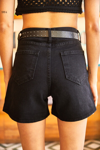 Women's Black Pocket High Waist Mom Denim Shorts SRT-19000037 - 3