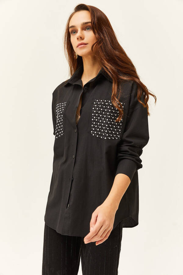 Women's Black Pocket Oversized Shirt with Staple Detail GML-19001167 - 2