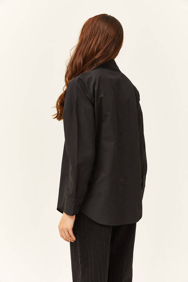 Women's Black Pocket Oversized Shirt with Staple Detail GML-19001167 - 4