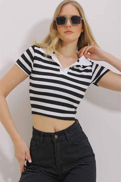 Women's Black Polo Collar Striped Crop Blouse ALC-X11460 - 1