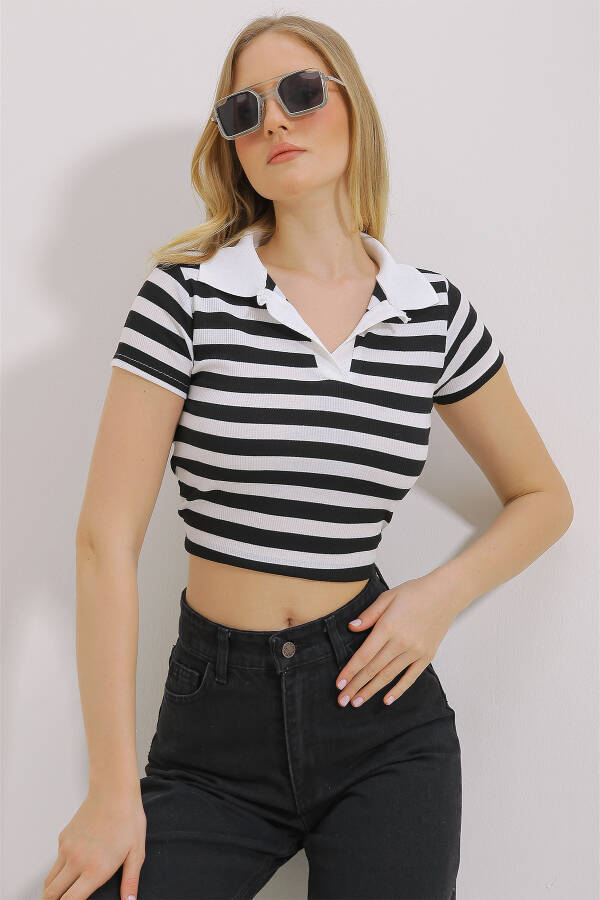 Women's Black Polo Collar Striped Crop Blouse ALC-X11460 - 3