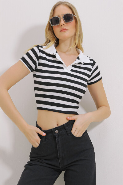 Women's Black Polo Collar Striped Crop Blouse ALC-X11460 - 4