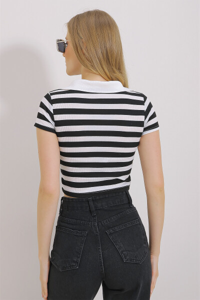 Women's Black Polo Collar Striped Crop Blouse ALC-X11460 - 6