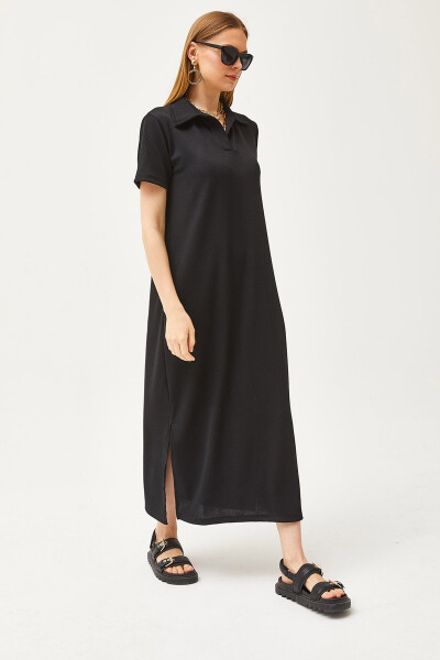 Women's Black Polo Neck Slitted Twisted Dress ELB-19002047 - 3