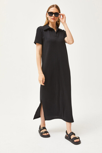 Women's Black Polo Neck Slitted Twisted Dress ELB-19002047 - 4