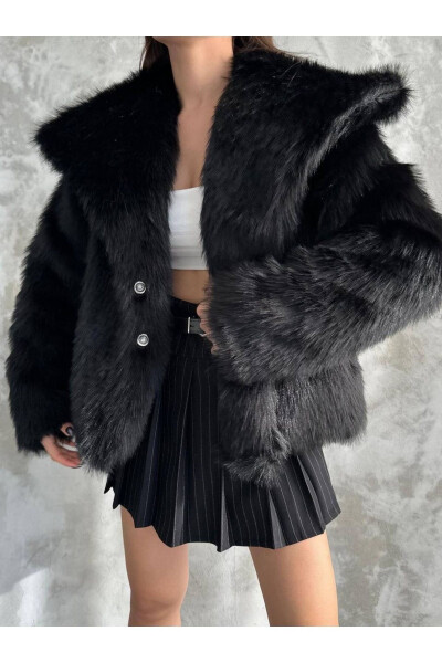 Women's Black Premium Plush Winter Faux Fur Coat - 1