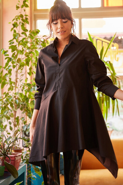 Women's Black Shirt Collar Asymmetrical Tunic TNK-19000034 - 1