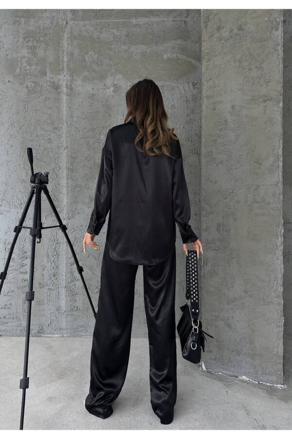 Women's Black Shirt & Pants Satin Woven Oversize Two-Piece Set - 16