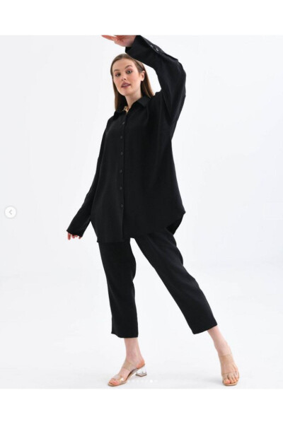 Women's Black Shirt Trousers Linen Flared Oversize Top & Bottom Set - 4