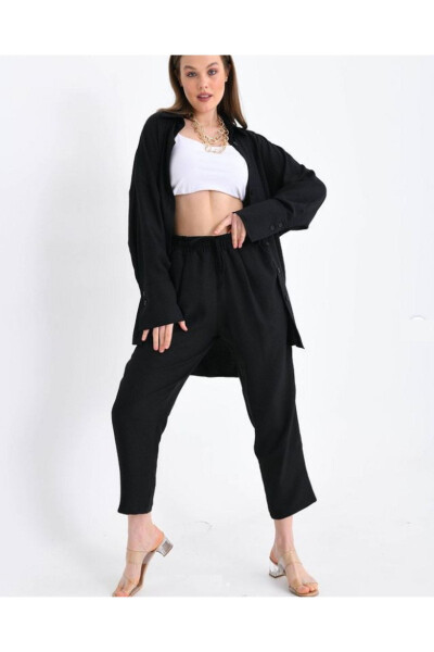 Women's Black Shirt Trousers Linen Flared Oversize Top & Bottom Set - 7