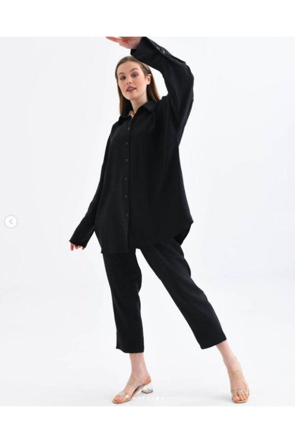 Women's Black Shirt Trousers Linen Flared Oversize Top & Bottom Set - 8