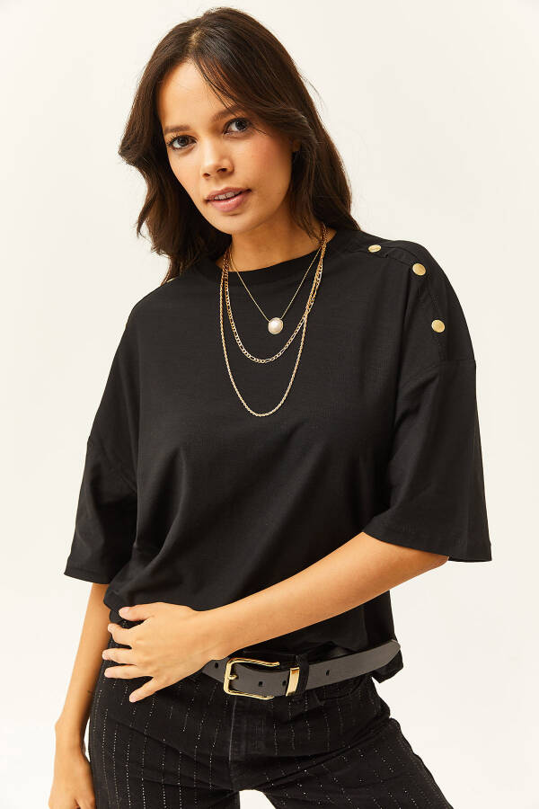 Women's Black Shoulder Gold Button Cotton T-Shirt TSH-19000763 - 1