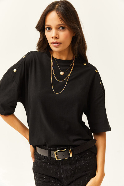 Women's Black Shoulder Gold Button Cotton T-Shirt TSH-19000763 - 2