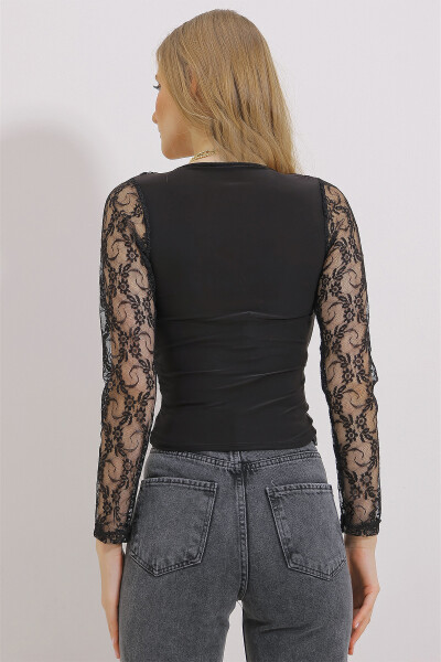 Women's Black Square Neck Lace Crop Blouse ALC-X11441 - 5