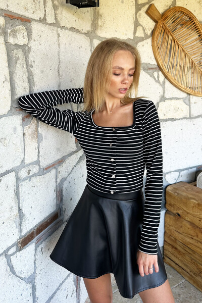 Women's Black Square Neck Stone Button Striped Blouse Alc-X10956 - 2