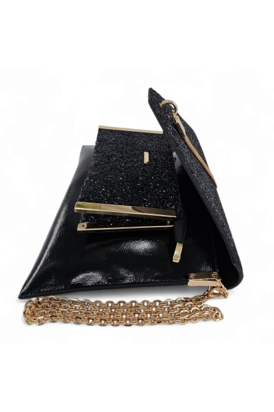 Women's Black Stone Patterned Portfolio & Clutch Bag Set (29 x 19) _(19 x 11) cm - 14