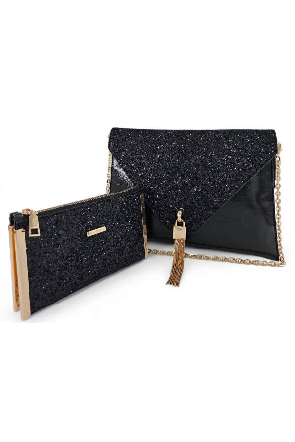 Women's Black Stone Patterned Portfolio & Clutch Bag Set (29 x 19) _(19 x 11) cm - 1