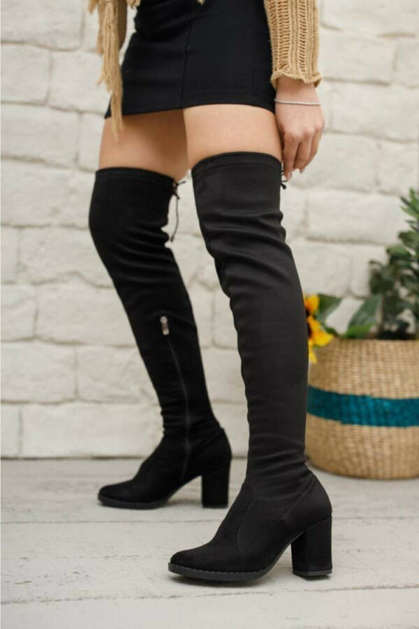 Women's black stretch sock suede chunky heel over-the-knee boots - 1