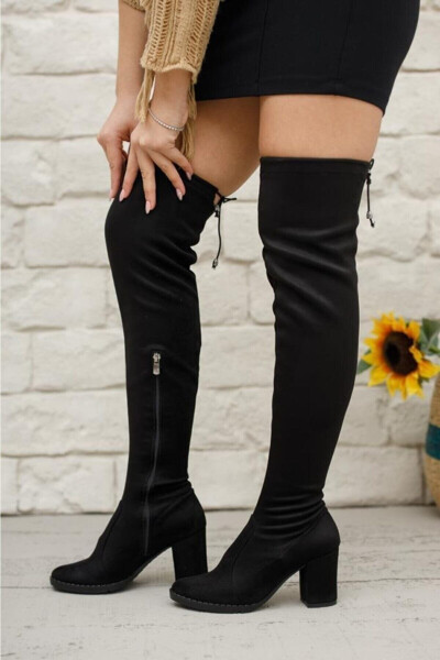 Women's black stretch sock suede chunky heel over-the-knee boots - 2